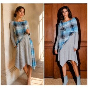 Blue Plaid Grey Ribbed Asymmetrical Tunic Dress Long Sleeve L Lagenlook Academia